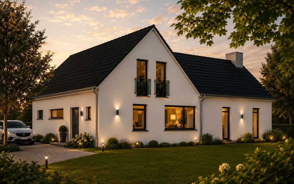 Hochwertiges Einfamilienhaus mit klassischer Satteldachform, heller Fassade und modernen Fensterdetails. Die dezente Außenbeleuchtung, die gepflegten Grünflächen und die großzügige Zufahrt vermitteln Komfort, Wertigkeit und Wohnqualität.