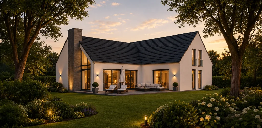 Modernes Einfamilienhaus mit markanter Satteldacharchitektur, großzügigen Fensterflächen und hochwertiger Terrasse. Die stimmungsvolle Abendbeleuchtung und der liebevoll angelegte Garten schaffen eine elegante und einladende Wohnatmosphäre.