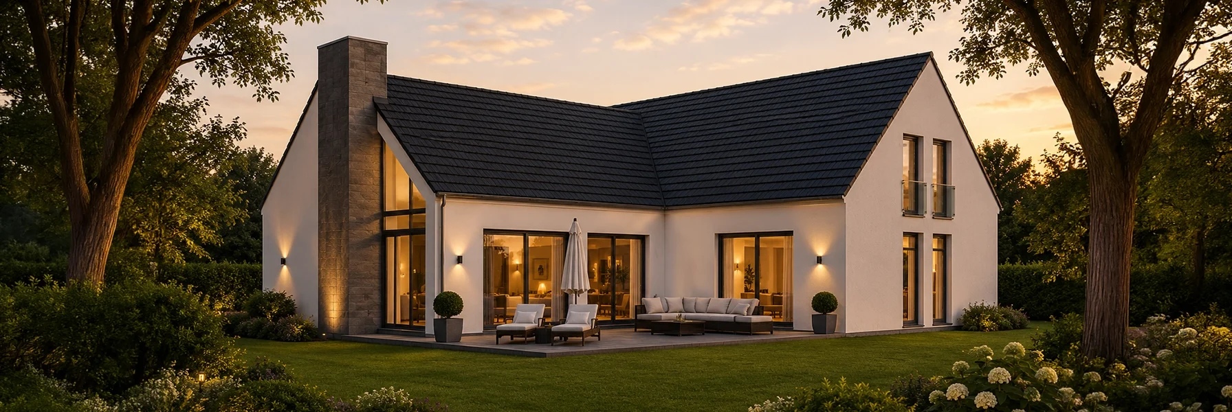 Modernes Einfamilienhaus mit markanter Satteldacharchitektur, großzügigen Fensterflächen und hochwertiger Terrasse. Die stimmungsvolle Abendbeleuchtung und der liebevoll angelegte Garten schaffen eine elegante und einladende Wohnatmosphäre.