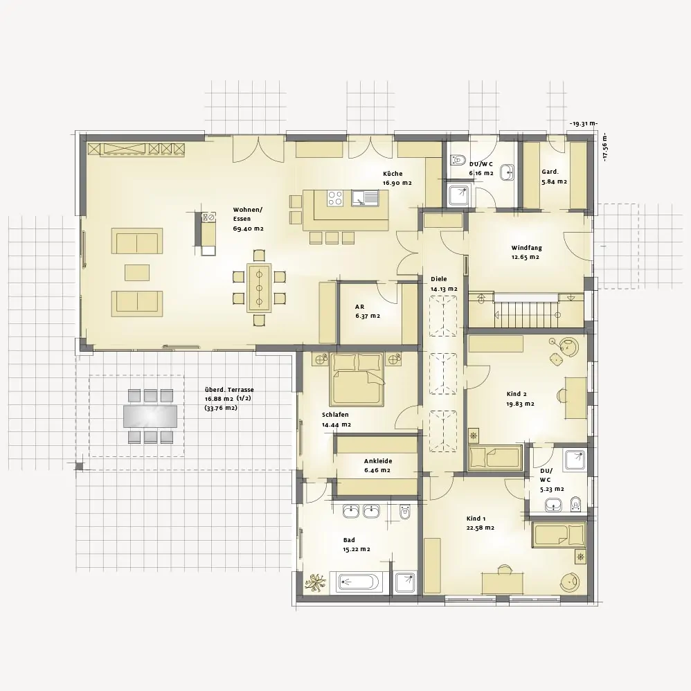 Grundriss eines Hauses mit mehreren Zimmern.