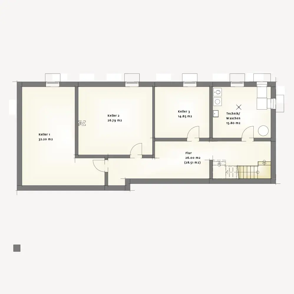 Grundriss eines Kellers mit mehreren Räumen.