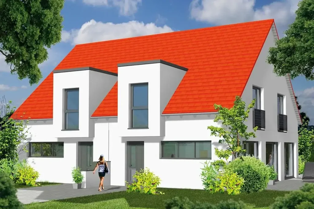 Weißes Haus mit rotem Dach und Garten.