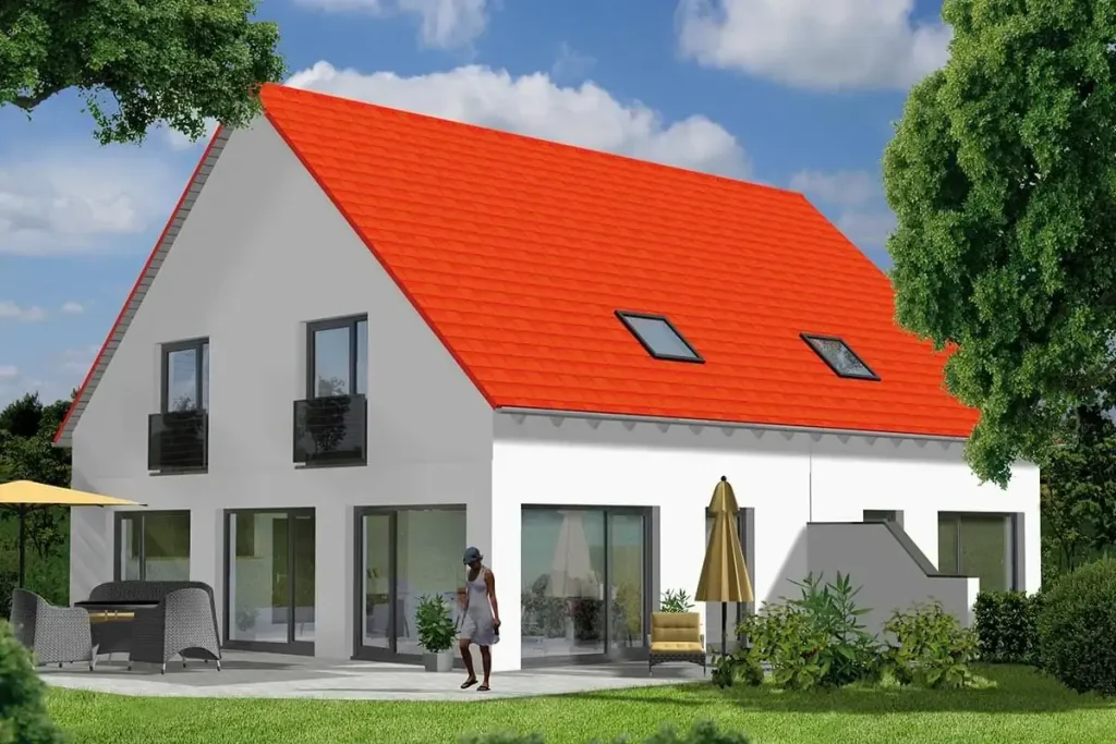 Modernes Haus mit rotem Dach und Garten.