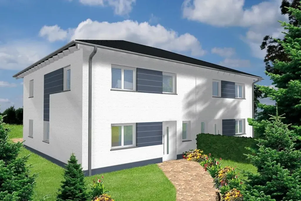 Modernes zweistöckiges weißes Gebäude mit Garten.