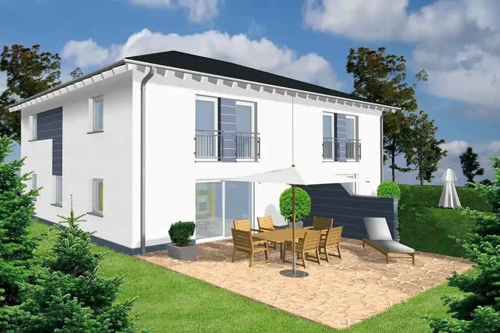 Renderbild eines modernen weißen Hauses mit Terrasse und Gartenmöbeln.