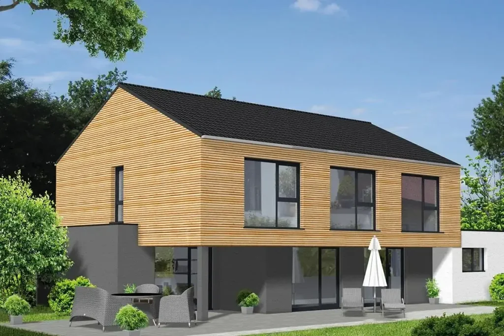 Modernes zweistöckiges Haus mit Holzfassade und Terrasse.