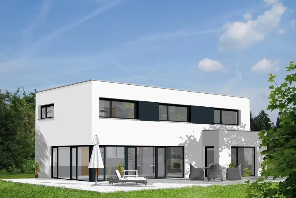 Modernes zweistöckiges Haus mit Garten.