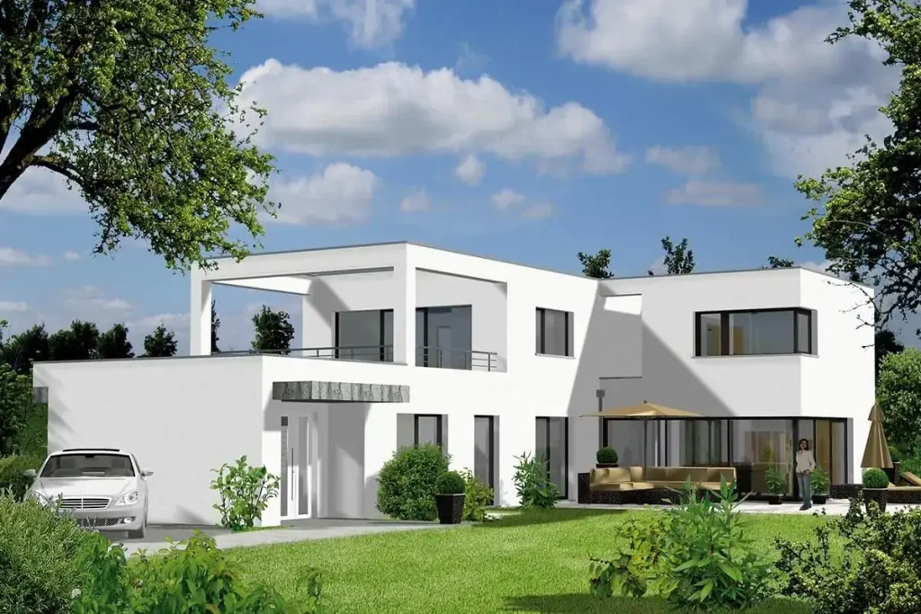 Modernes weißes Haus mit Garten und Auto.