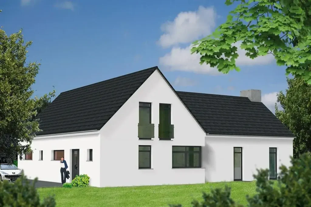 Weißes Einfamilienhaus mit schwarzem Dach auf grünem Rasen.