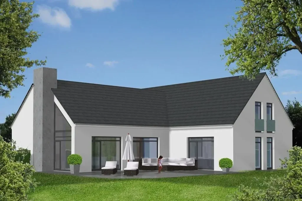 Modernes Haus mit Terrasse und Garten.