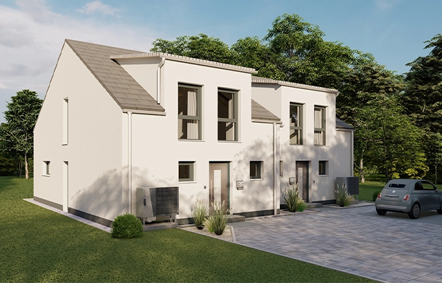 Ein modernes Doppelhaus mit Garten und geparktem Auto.