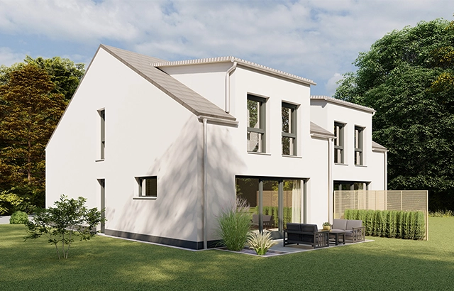 Zweistöckiges, modernes Haus mit Garten.