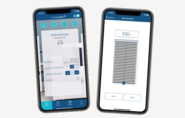 Zwei Smartphones mit Smart-Home-App-Schnittstellen.