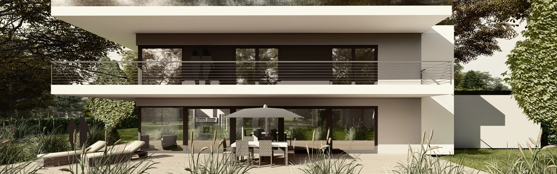 Modernes zweistöckiges Haus mit Terrasse und Garten.