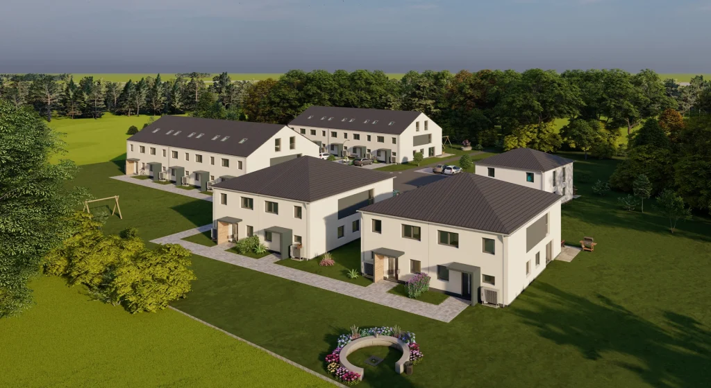 Reihenhäuser mit Gärten und umliegender Natur.