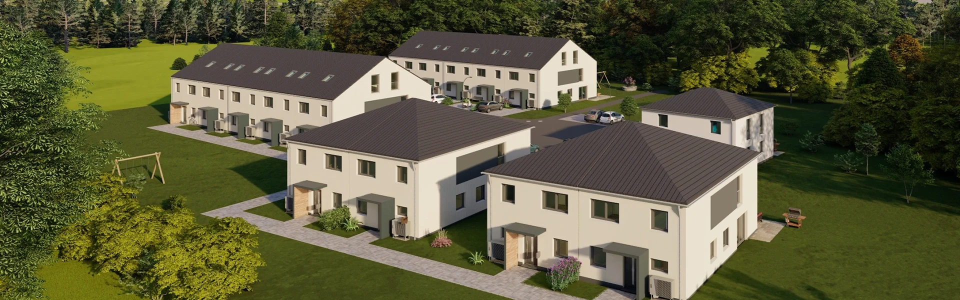 Reihenhäuser mit Gärten und umliegender Natur.