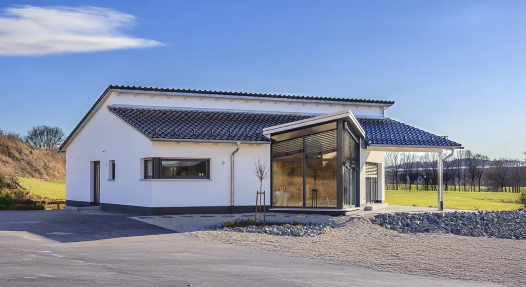 Modernes Bungalow bei Sonnenschein.