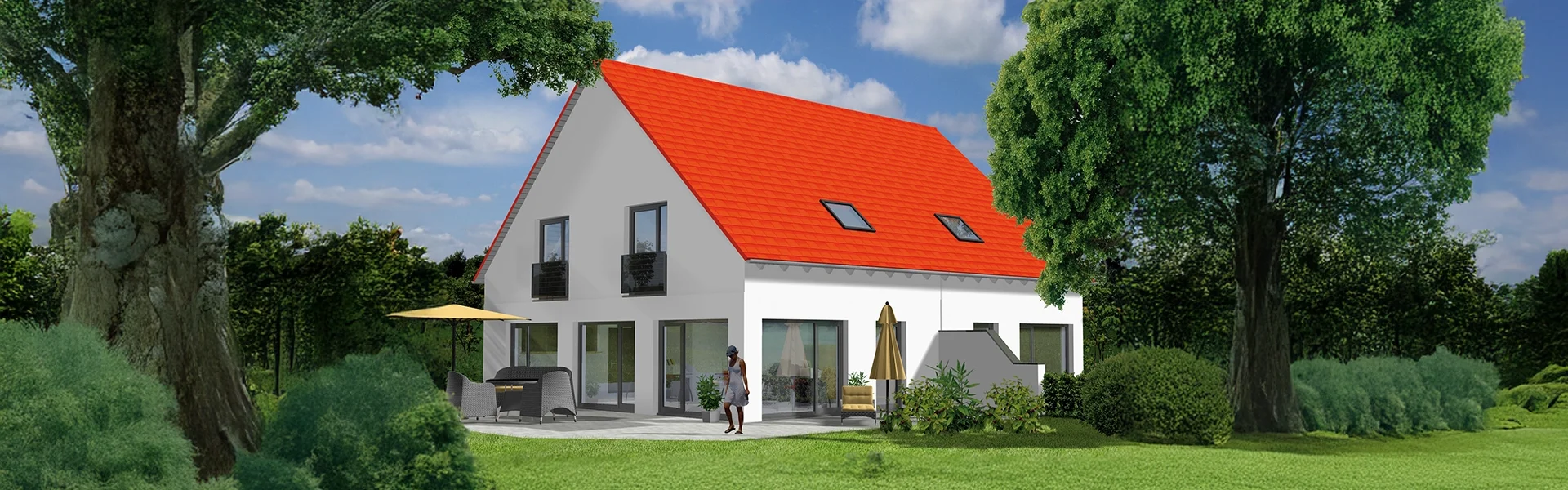 Modernes Haus mit rotem Dach und Garten.