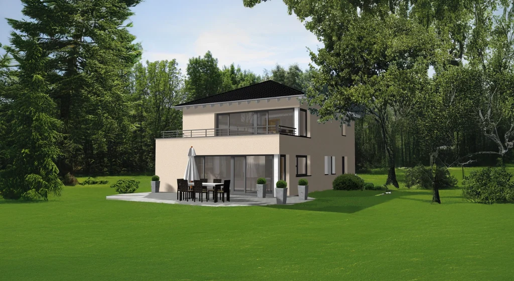 Modernes zweistöckiges Haus mit Garten und Terrasse.