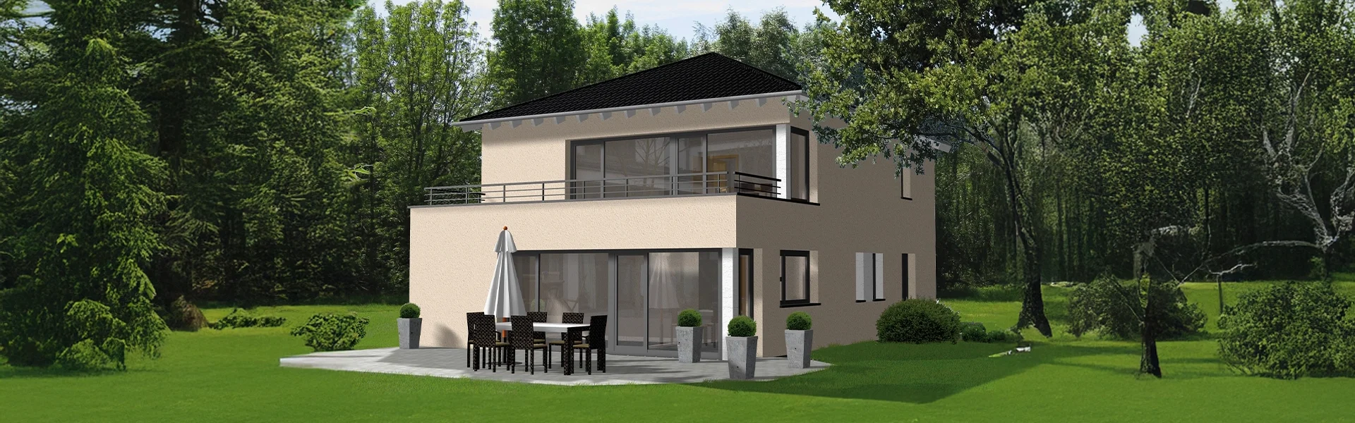 Modernes zweistöckiges Haus mit Garten und Terrasse.