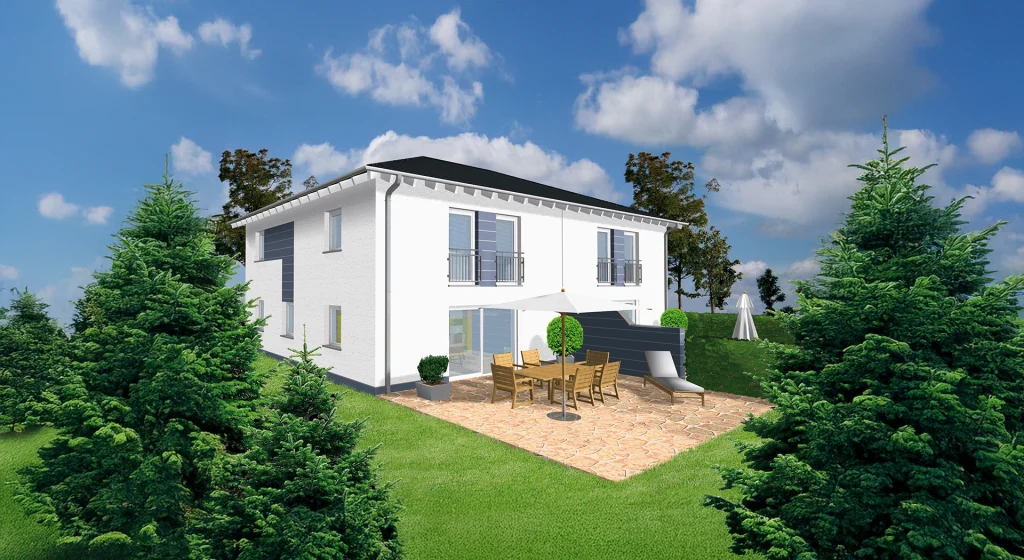 Renderbild eines modernen weißen Hauses mit Terrasse und Gartenmöbeln.