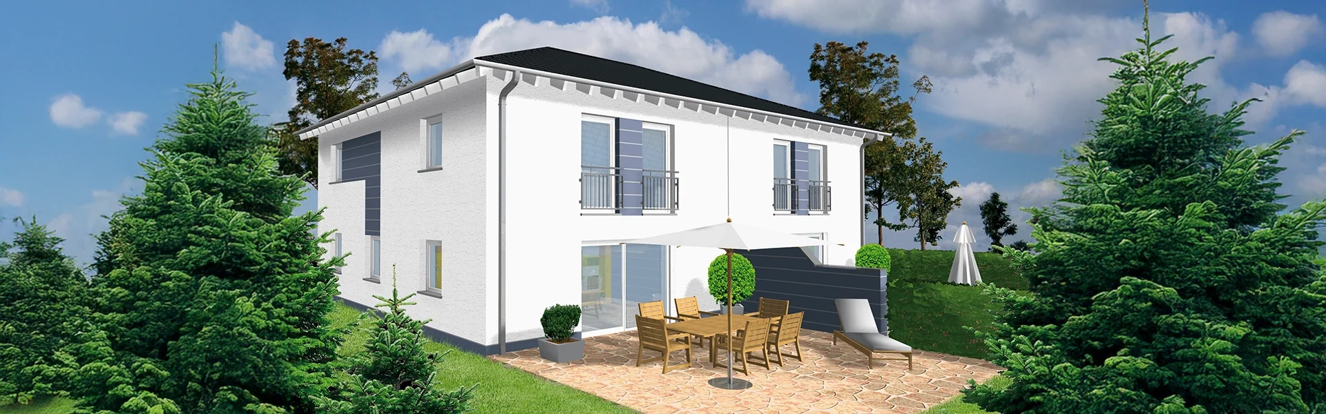 Renderbild eines modernen weißen Hauses mit Terrasse und Gartenmöbeln.