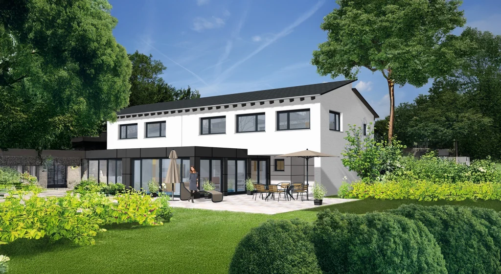 Ein modernes, weißes Haus mit Terrasse und Garten.