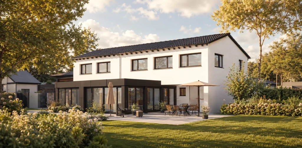 Fotorealistische Visualisierung eines modernen Zweifamilienhauses mit weißer Fassade, dunklem Satteldach und großzügigen Fensterflächen. Die weitläufige Terrasse mit Sitzbereich öffnet sich zu einem gepflegten Garten in ruhiger, hochwertiger Wohnlage mit altem Baumbestand und stilvoll angelegten Grünflächen.