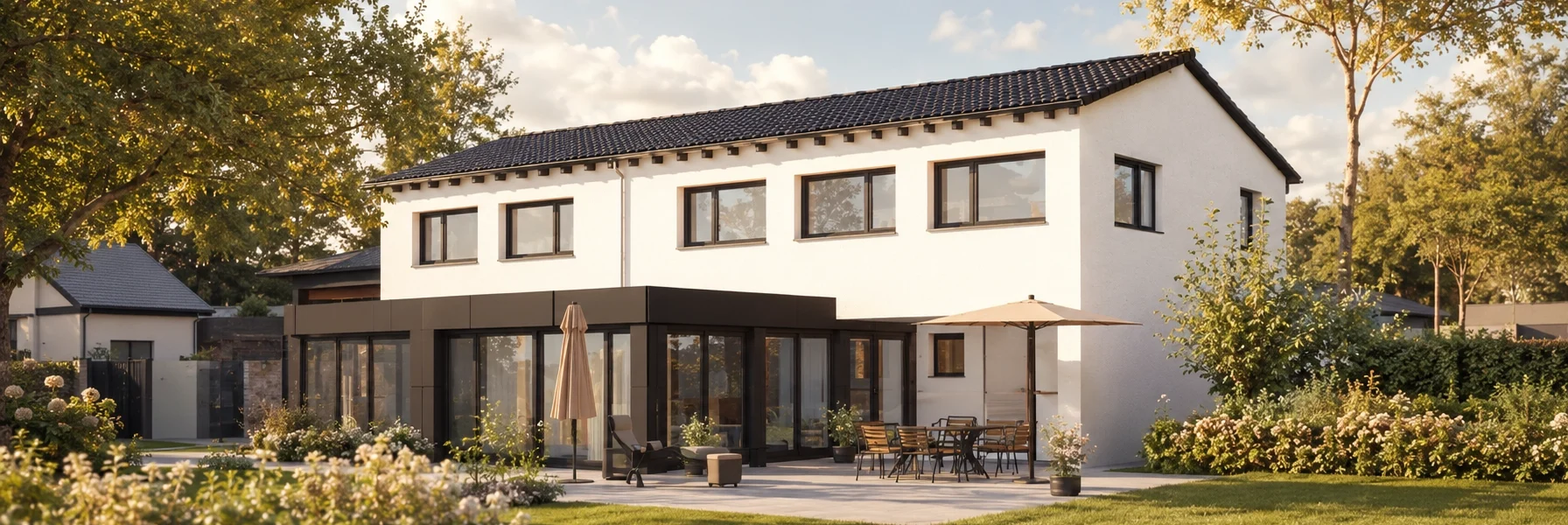 Fotorealistische Visualisierung eines modernen Zweifamilienhauses mit weißer Fassade, dunklem Satteldach und großzügigen Fensterflächen. Die weitläufige Terrasse mit Sitzbereich öffnet sich zu einem gepflegten Garten in ruhiger, hochwertiger Wohnlage mit altem Baumbestand und stilvoll angelegten Grünflächen.