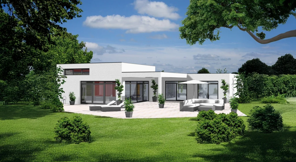 Modernes Haus mit weißer Fassade und geparktem Auto.