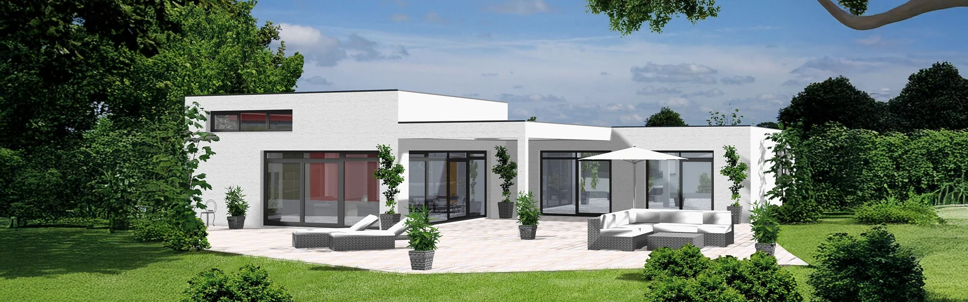 Modernes Haus mit weißer Fassade und geparktem Auto.