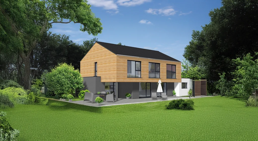 Modernes zweistöckiges Haus mit Holzverkleidung und Terrasse.