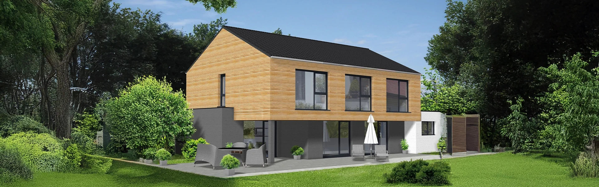 Modernes zweistöckiges Haus mit Holzverkleidung und Terrasse.