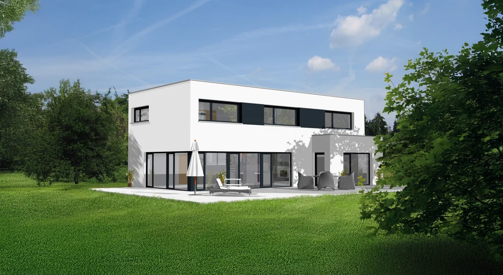 Moderne weiße Villa mit Terrasse.