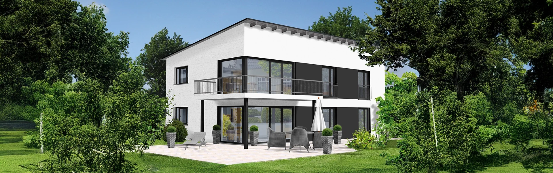 Modernes zweistöckiges Haus mit Terrasse.