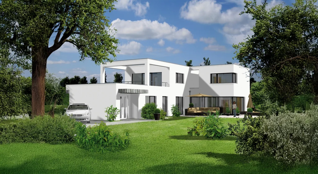 Modernes weißes Haus mit Garten und Auto.