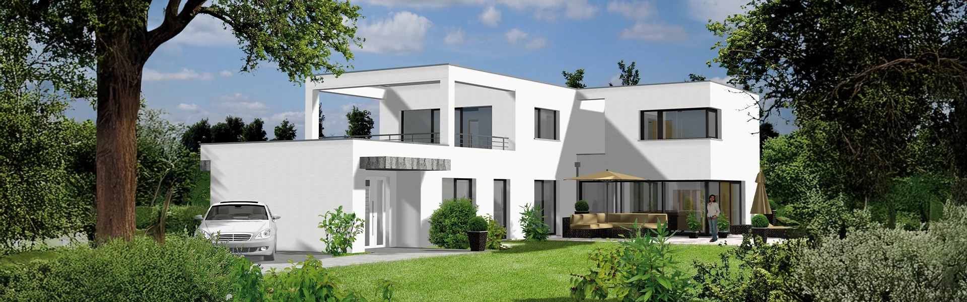 Modernes weißes Haus mit Garten und Auto.