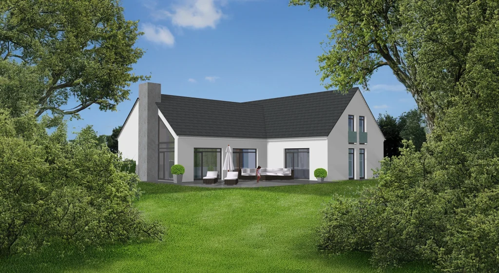 Modernes Haus mit Terrasse und Garten.