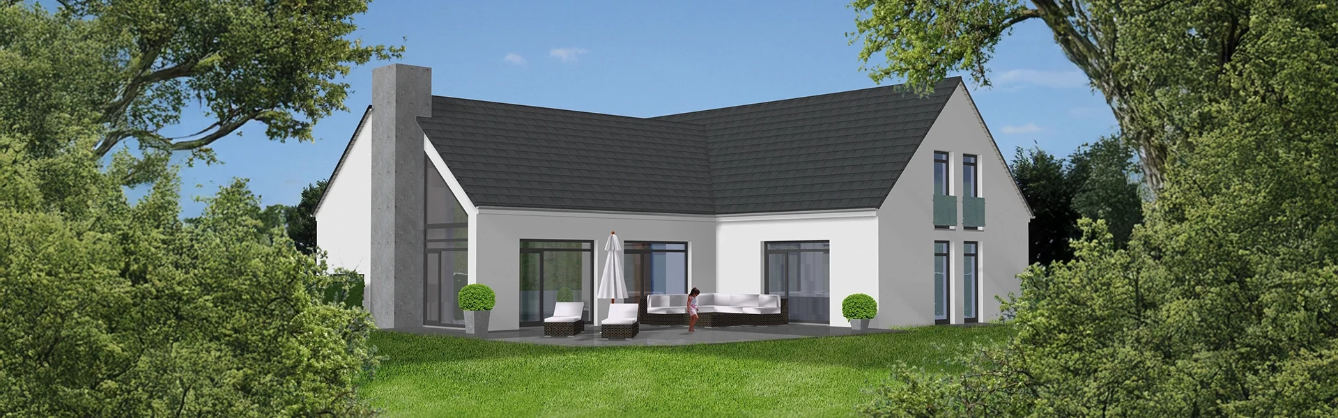 Modernes Haus mit Terrasse und Garten.