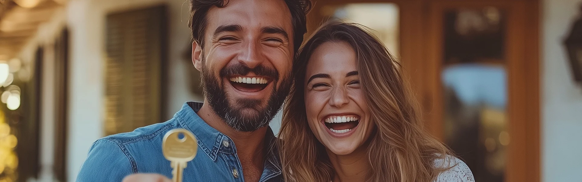Zwei lachende Personen halten einen Schlüssel.