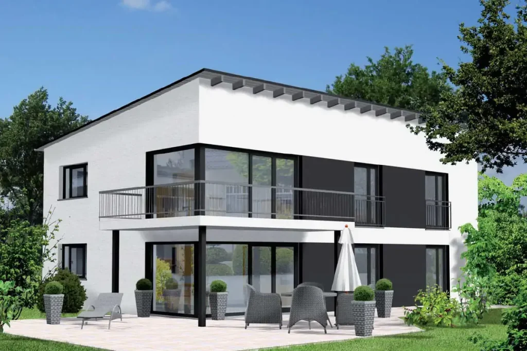 Modernes zweistöckiges Haus mit Terrasse.