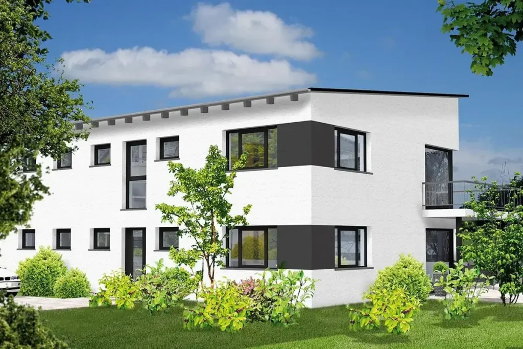 Modernes zweistöckiges Gebäude mit Garten.