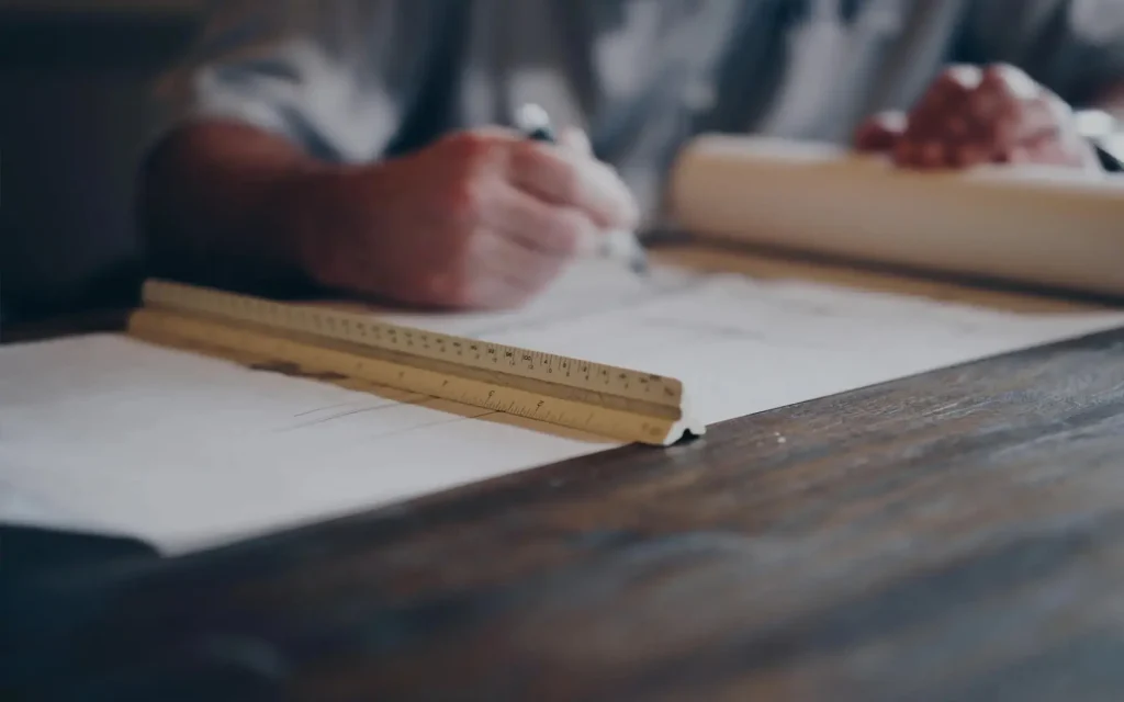 Person zeichnet auf Papier mit Lineal.