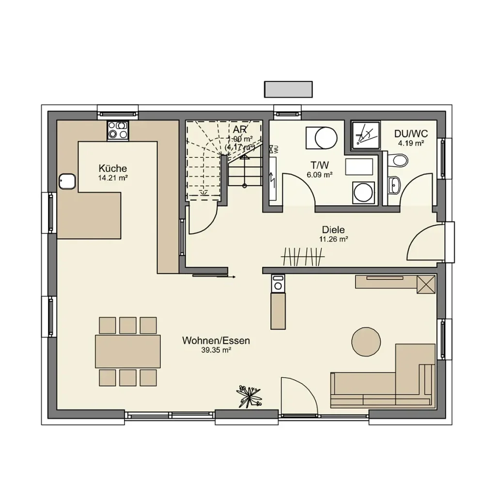 Grundriss eines Hauses mit Küche, Wohn-/Essbereich und Badezimmer.