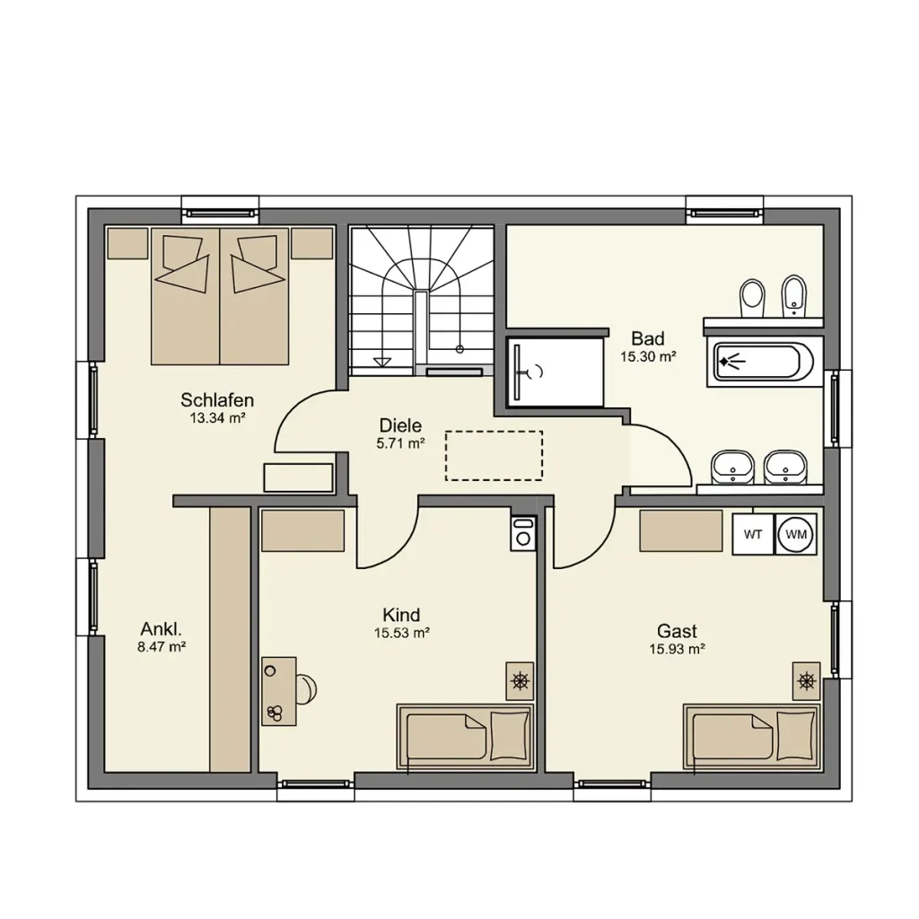 Grundriss eines Wohnbereichs mit Schlafzimmern und Bad.