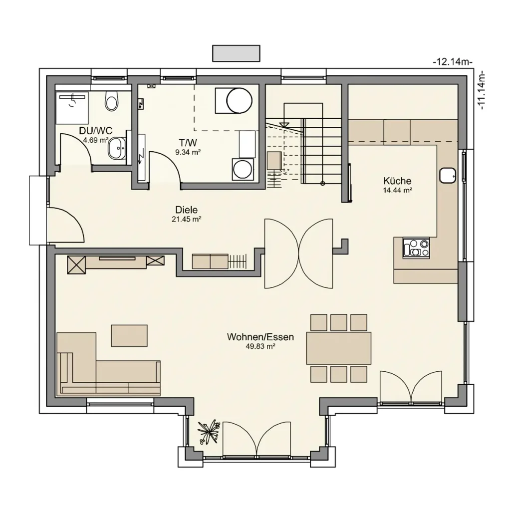 Grundriss eines Wohnbereichs mit Küche und WC.