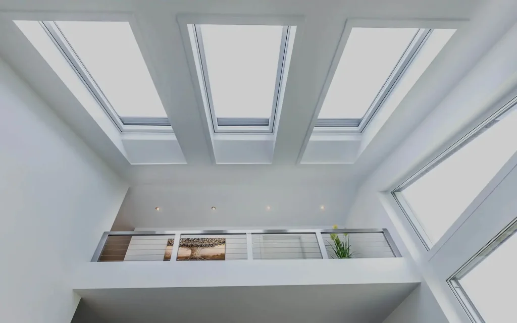 Moderner Raum mit mehreren Oberlichtern.