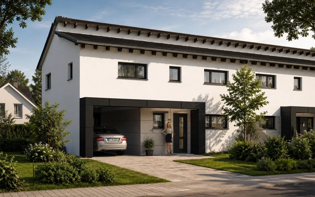 Fotorealistische Visualisierung eines modernen Doppelhauses mit weißer Putzfassade, dunklen Fassadenelementen und integriertem Carport. Die großzügige Zufahrt führt zu den klar gestalteten Eingangsbereichen, die von gepflegten Grünflächen, jungen Bäumen und hochwertig angelegten Gärten umgeben sind. Die ruhige Wohnlage mit harmonischer Nachbarbebauung vermittelt eine moderne, familienfreundliche und wertige Wohnatmosphäre.