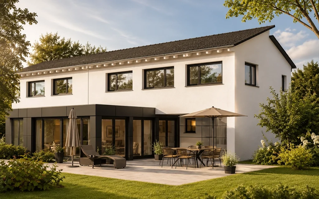 Fotorealistische Rückansicht eines modernen Doppelhauses mit weißer Fassade und anthrazitfarbenen Akzenten. Großzügige Terrasse mit Sitzgruppe, Sonnenschirm und Liege im gepflegten Garten. Warmes Sonnenlicht am späten Nachmittag sorgt für eine hochwertige, einladende Wohnatmosphäre in ruhiger, grüner Umgebung.