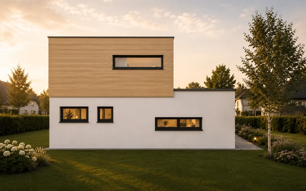 Seitenansicht des Atriums mit klarer Architektur und modernen Fensterformaten.